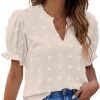 Womens Puff Sleeve Summer Tops Chiffon Short Sleeve Blouses White V Neck Pom Pom Shirts