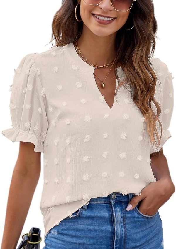 Womens Puff Sleeve Summer Tops Chiffon Short Sleeve Blouses White V Neck Pom Pom Shirts