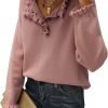 Women's Sweaters Casual Long Sleeve Button Down Crew Neck Ruffle Knit Pullover Sweater Tops Solid Color Striped
