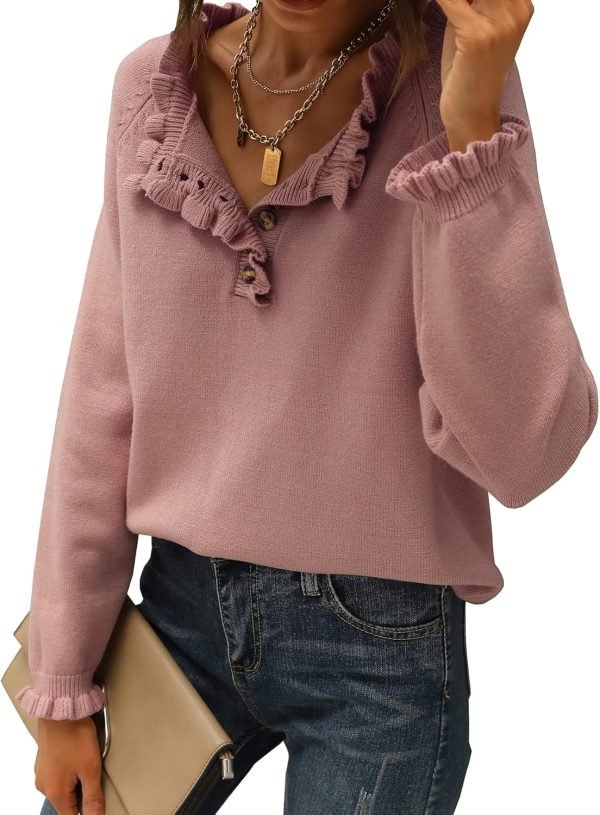 Women's Sweaters Casual Long Sleeve Button Down Crew Neck Ruffle Knit Pullover Sweater Tops Solid Color Striped