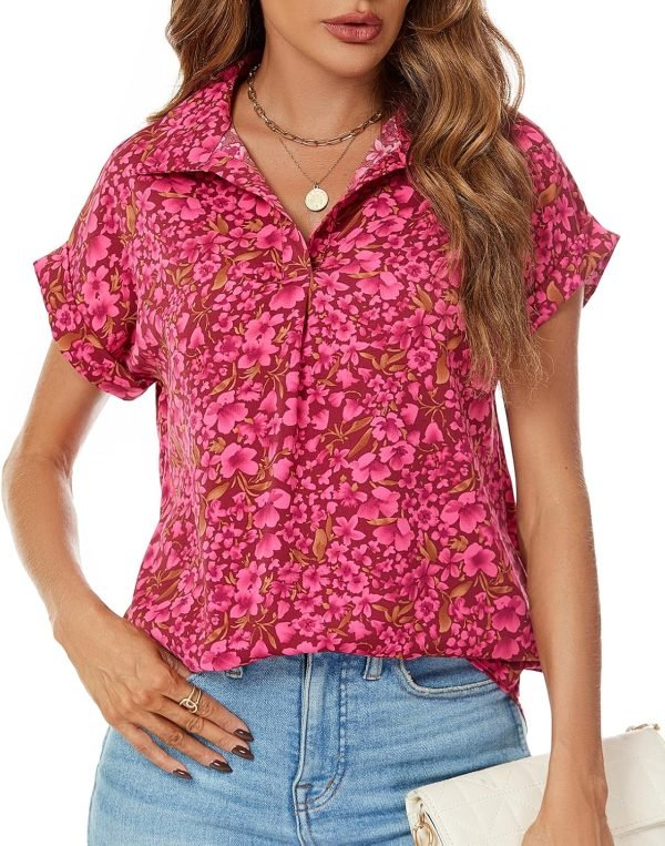 Women's Bat Wing V Neck Short Sleeve Chiffon Blouses for Office Work Business Attire Collared Casual Summer Shirts