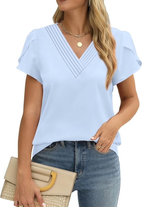 Womens Tops Dressy Casual V Neck Ruffle Short Sleeve Blouse Business Casual Tops Chiffon Flowy Shirt Cute Summer Tops