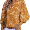 Women 2024 Loose V-Neck Shirts Paisley Print Lantern Sleeve Blouse Tops