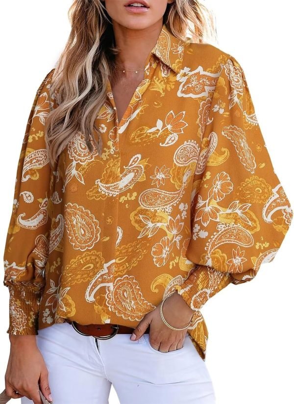 Women 2024 Loose V-Neck Shirts Paisley Print Lantern Sleeve Blouse Tops
