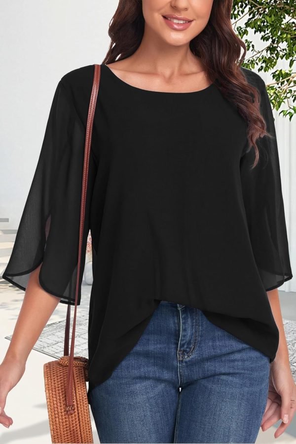 Womens Tops Dressy Casual Summer Chiffon Blouse 3/4 Sleeve Loose Mesh Tunic Shirts
