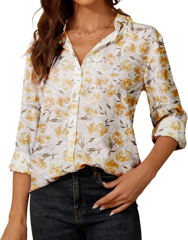 Womens Button Down Shirt Long Sleeve Classic Collared Tops Work Office Casual Chiffon Blouse