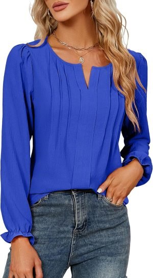 Womens Tops Dressy Casual Long Sleeve Shirts V Neck Chiffon Blouses Fall Clothes 2024