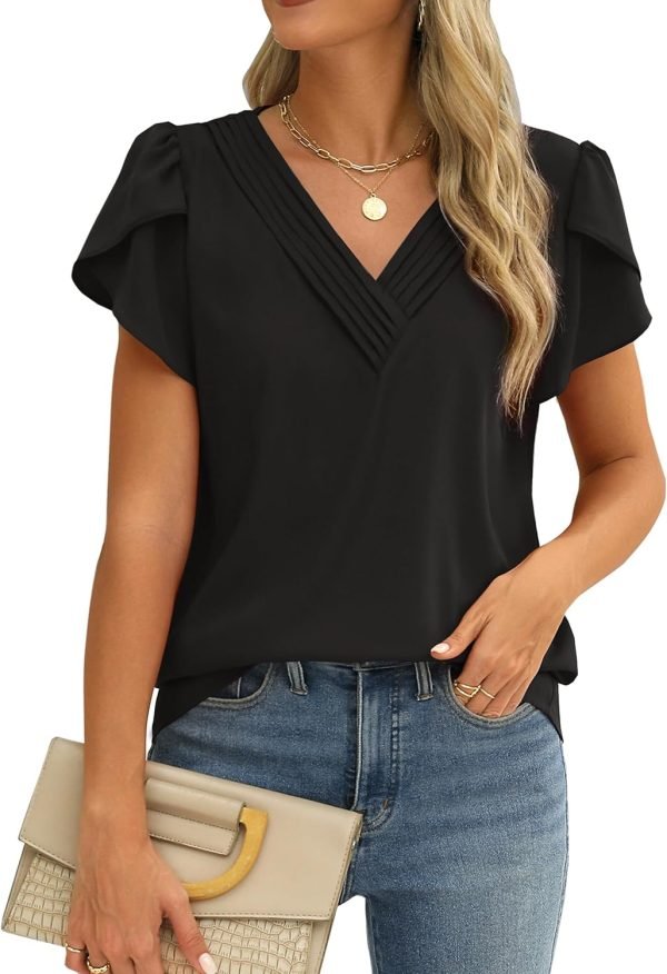 Womens Tops Dressy Casual V Neck Ruffle Short Sleeve Blouse Business Casual Tops Chiffon Flowy Shirt Cute Summer Tops