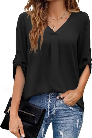 81hxyLbHRPL._AC_SL1500 U.Vomade Women's 3/4 Cuffed Sleeve Chiffon V Neck Casual Shirts for Women S-XL
