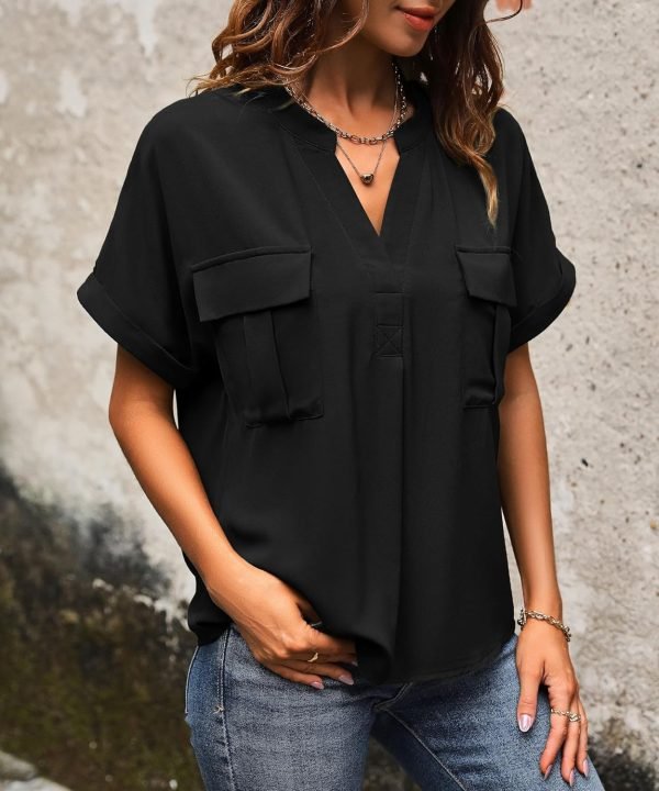 Women Dressy Casual V Neck Short Sleeve Dress Shirts Summer Work Tops Tunics Solid Color Chiffon Blouse