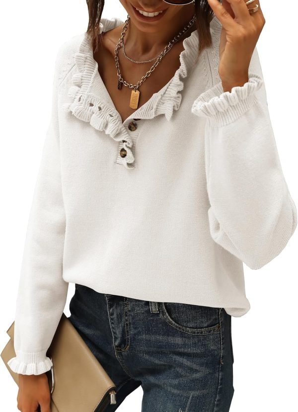 Women's Sweaters Casual Long Sleeve Button Down Crew Neck Ruffle Knit Pullover Sweater Tops Solid Color Striped