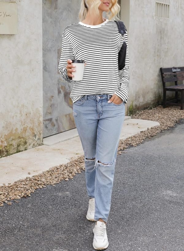 Women's Casual Striped Long Sleeve Tops Crew Neck Knit Ribbed Basic T Shirts