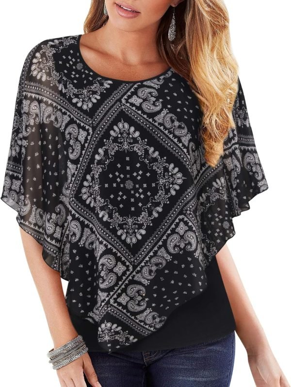 Women's Lightweight Flowy Shirt Double-Layered Printed Chiffon Poncho Blouse Top
