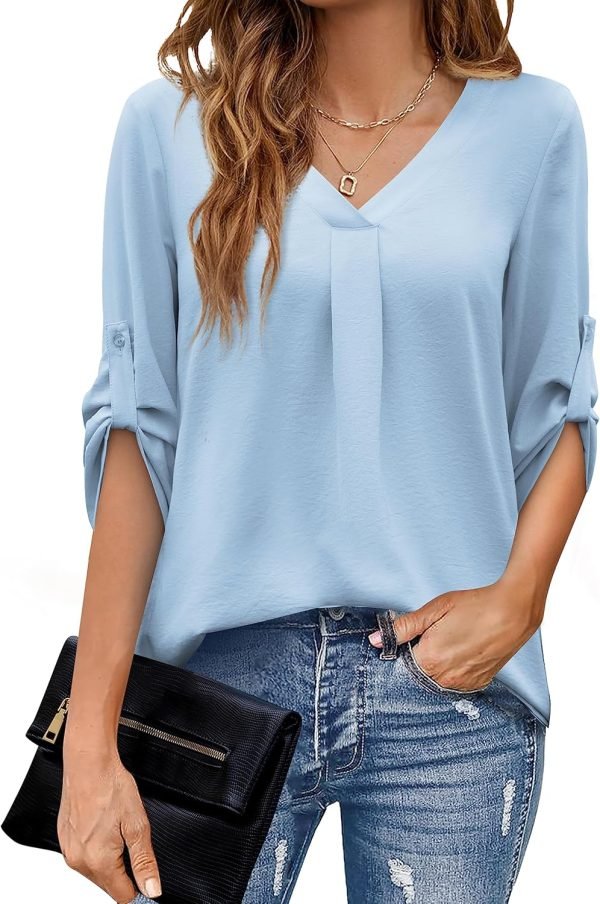 U.Vomade Women's 3/4 Cuffed Sleeve Chiffon V Neck Casual Shirts for Women S-XL