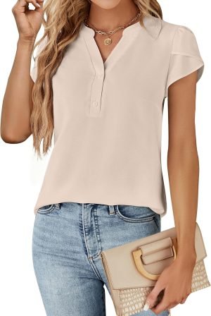 81lwB0f5AdL._AC_SL1500 Womens Dressy Casual Tops Business Casual Cap Sleeve Work Blouses Chiffon V Neck Button Down Shirts