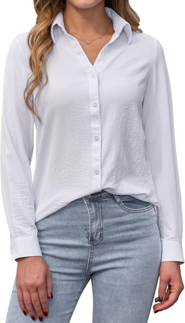 Womens Button Down Shirts Long Sleeve V Neck Collared Blouses Office Work Tops Chiffon Dressy Casual Shirts