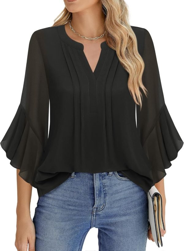 Women's 3/4 Sleeve Tops Dressy Casual Business Work Blouses Chiffon Office Shirts