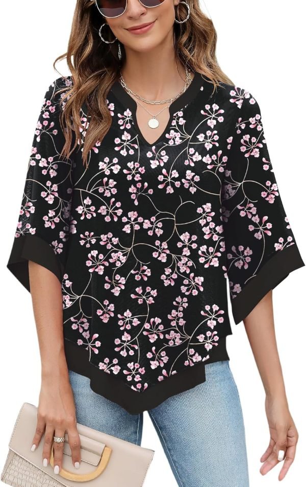 Womens 3/4 Sleeve Chiffon Blouses V Neck Double Layers Mesh Shirts Dressy Flowy Tunic Tops (M-5XL)