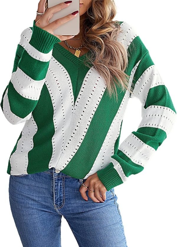 Womens 2024 Deep V Neck Sweaters Striped Long Sleeve Knit Pullover Sweaters for Women