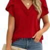 Womens Tops Dressy Casual V Neck Ruffle Short Sleeve Blouse Business Casual Tops Chiffon Flowy Shirt Cute Summer Tops