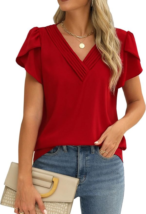 Womens Tops Dressy Casual V Neck Ruffle Short Sleeve Blouse Business Casual Tops Chiffon Flowy Shirt Cute Summer Tops
