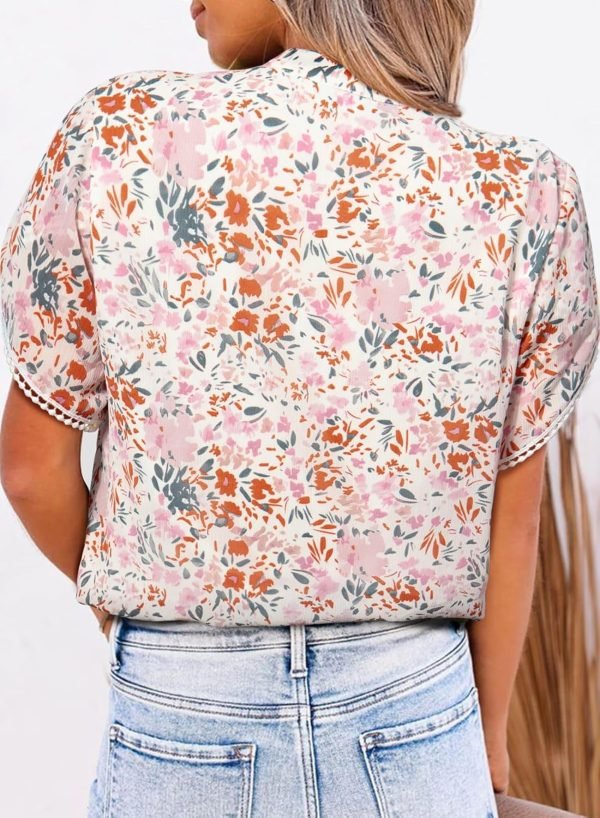 Womens Tops Summer Casual Boho Floral Print Short Sleeve Half Button Down V Neck Chiffon Blouses Shirts