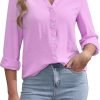 Womens Button Down Shirts Long Sleeve V Neck Collared Blouses Office Work Tops Chiffon Dressy Casual Shirts
