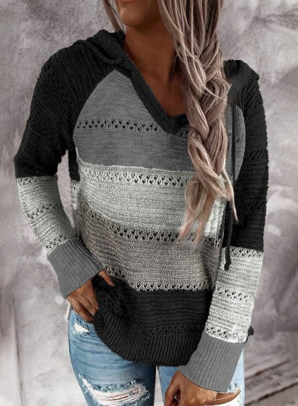 Women Color Block Hooded Crochet Striped Sweaters Lightweight Drawstring Hoodies Pullover Trendy Sweatshirts