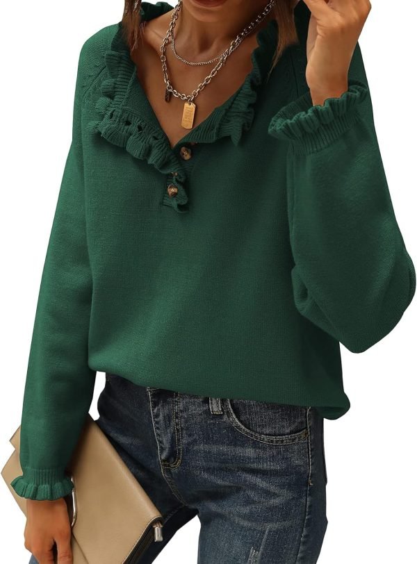 Women's Sweaters Casual Long Sleeve Button Down Crew Neck Ruffle Knit Pullover Sweater Tops Solid Color Striped