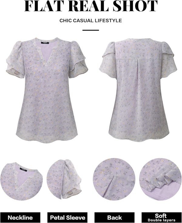 Womens Dressy Chiffon Blouses Summer Puff Petal Short Sleeve Shirts V Neck Casual Work Tops