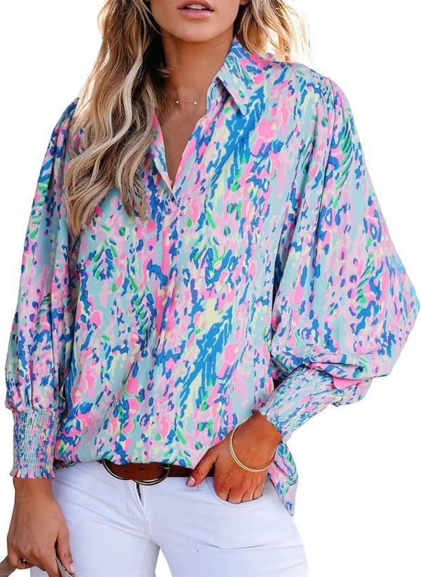 Women 2024 Loose V-Neck Shirts Paisley Print Lantern Sleeve Blouse Tops