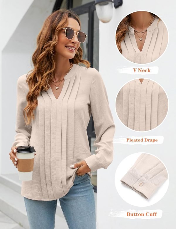 Women's Dressy Casual Blouses Business Work Tops Long Sleeve V Neck Pleated Shirts 2024 Fall Outfits