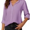 Womens Button Down Shirt Long Sleeve Classic Collared Tops Work Office Casual Chiffon Blouse