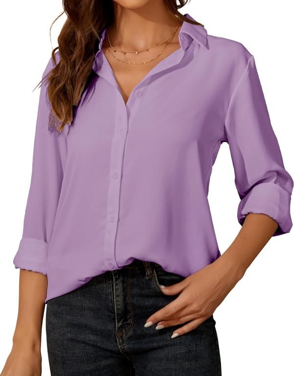 Womens Button Down Shirt Long Sleeve Classic Collared Tops Work Office Casual Chiffon Blouse