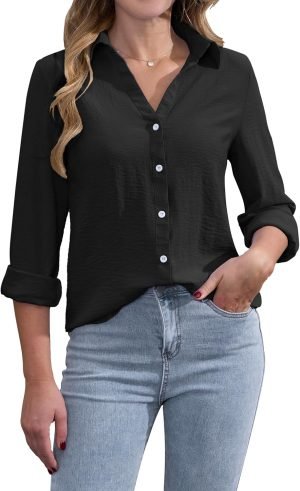 81sEtJf-4BL._AC_SL1500 Womens Button Down Shirts Long Sleeve V Neck Collared Blouses Office Work Tops Chiffon Dressy Casual Shirts