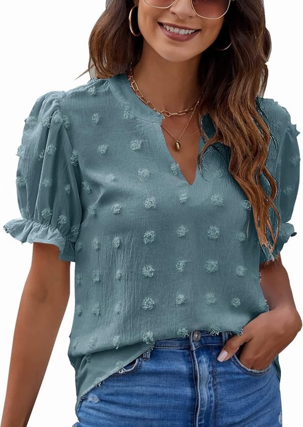 Womens Puff Sleeve Summer Tops Chiffon Short Sleeve Blouses White V Neck Pom Pom Shirts
