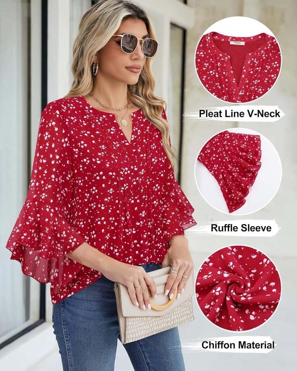 Women's 3/4 Sleeve Tops Dressy Casual Business Work Blouses Chiffon Office Shirts