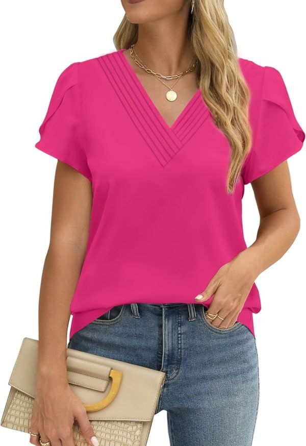 Womens Tops Dressy Casual V Neck Ruffle Short Sleeve Blouse Business Casual Tops Chiffon Flowy Shirt Cute Summer Tops