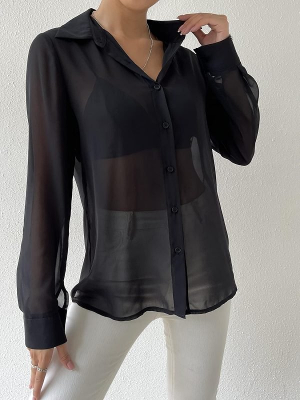 81tENNLBdcL._AC_SL1500 Women's Sheer Mesh Button Up Shirt Long Sleeve See Through Blouse