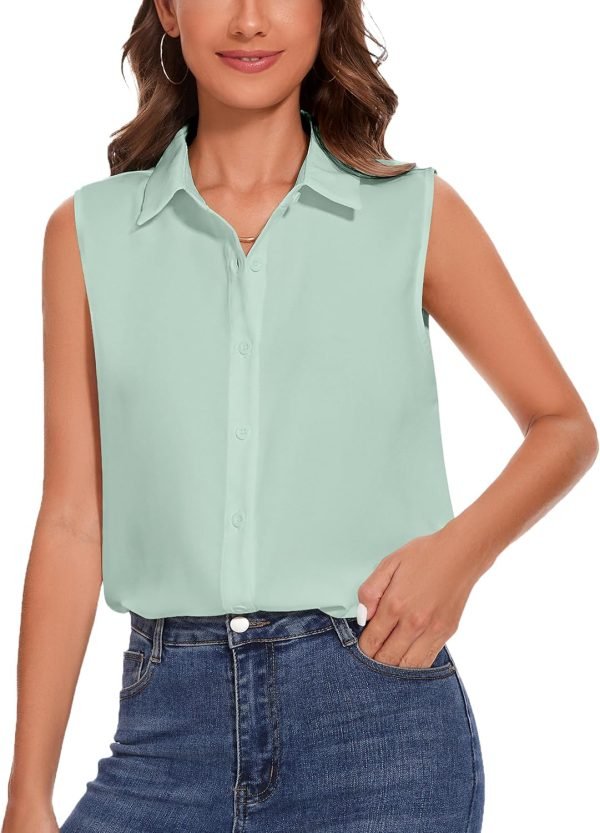 81tPiDM_qDL._AC_SL1500 Womens Sleeveless Button Down Shirt Classic Collared Blouse Basic Tank Tops Work Office Chiffon Tops