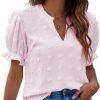 Womens Puff Sleeve Summer Tops Chiffon Short Sleeve Blouses White V Neck Pom Pom Shirts