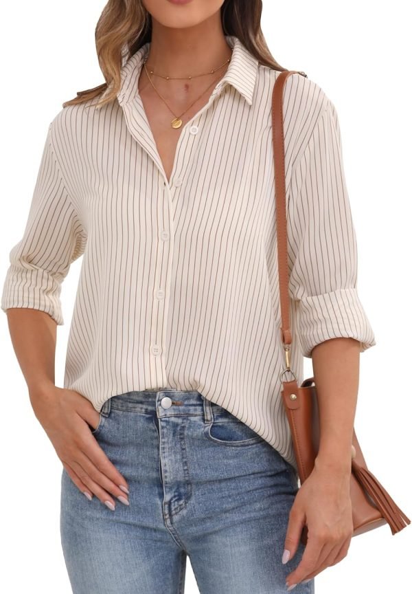 Womens Button Down Shirt Long Sleeve Classic Collared Tops Work Office Casual Chiffon Blouse