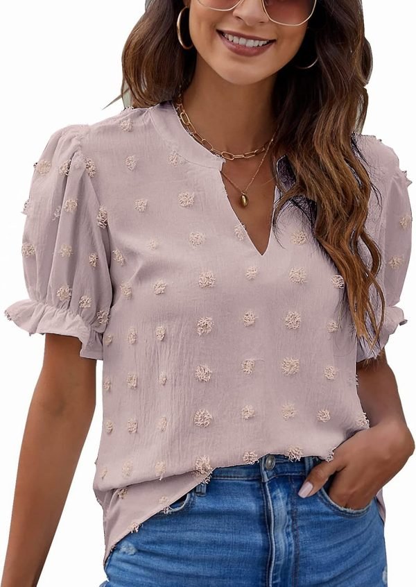 Womens Puff Sleeve Summer Tops Chiffon Short Sleeve Blouses White V Neck Pom Pom Shirts