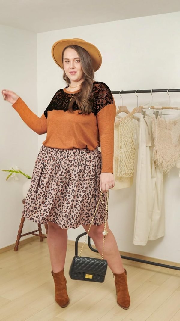 Plus Size Lace Tops for Women Long Sleeve Crewneck Pullover Fall T-shirts Tunics Basic Tees T-Shirts XL-5XL