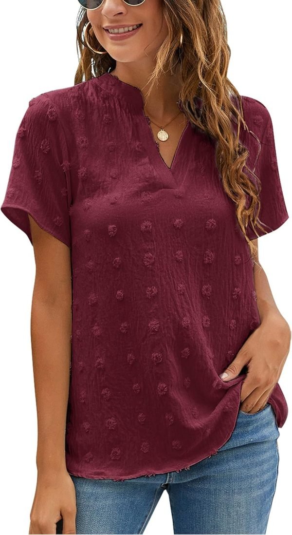 Womens White Chiffon Blouses Short Sleeve V Neck Shirts Summer Casual Polka Dot Tops