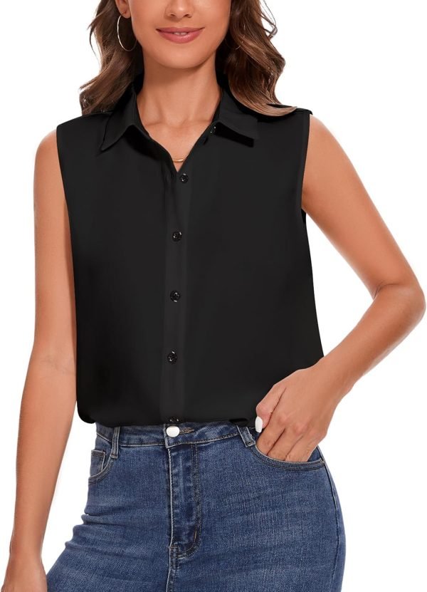 81w7JvtEuaL._AC_SL1500 Womens Sleeveless Button Down Shirt Classic Collared Blouse Basic Tank Tops Work Office Chiffon Tops