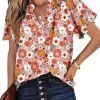 Women's Casual V Neck Floral Print Smocked Short Sleeve Chiffon Blouses Bohemian Top Shirts