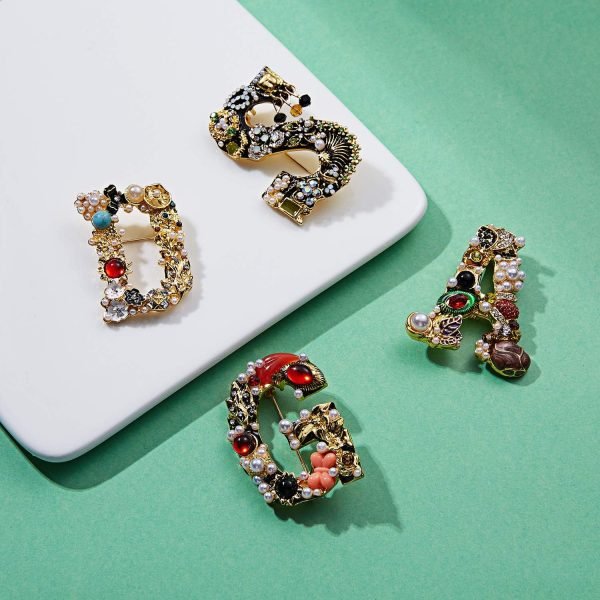 Crystal Pearl Initial Brooch Gold Plated Enamel Colorful Letter Alphabet Breastpin Pin for GIFTS