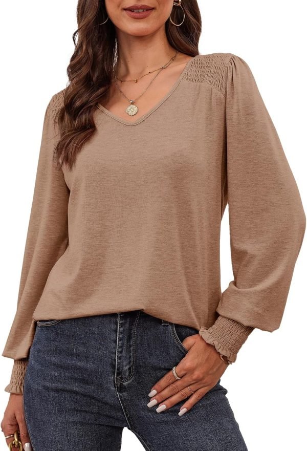 Women's Casual Long Sleeve Tops Shirred Shoulders Solid Color Knit Ribbed T Shirts Blouses