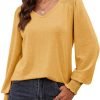 Women's Casual Long Sleeve Tops Shirred Shoulders Solid Color Knit Ribbed T Shirts Blouses